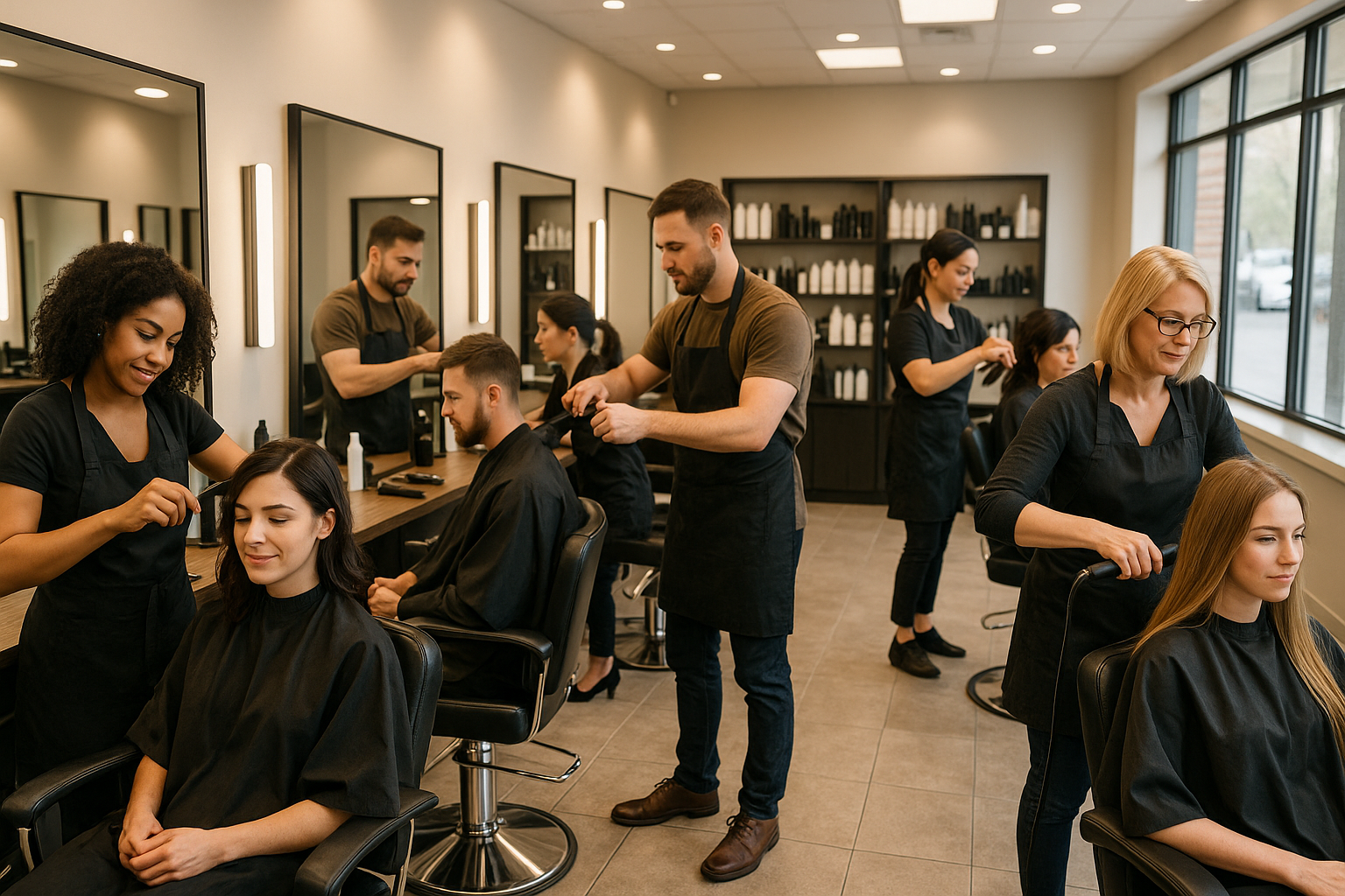 A beauty shop for hair care with men and woman giving hair cuts realistic